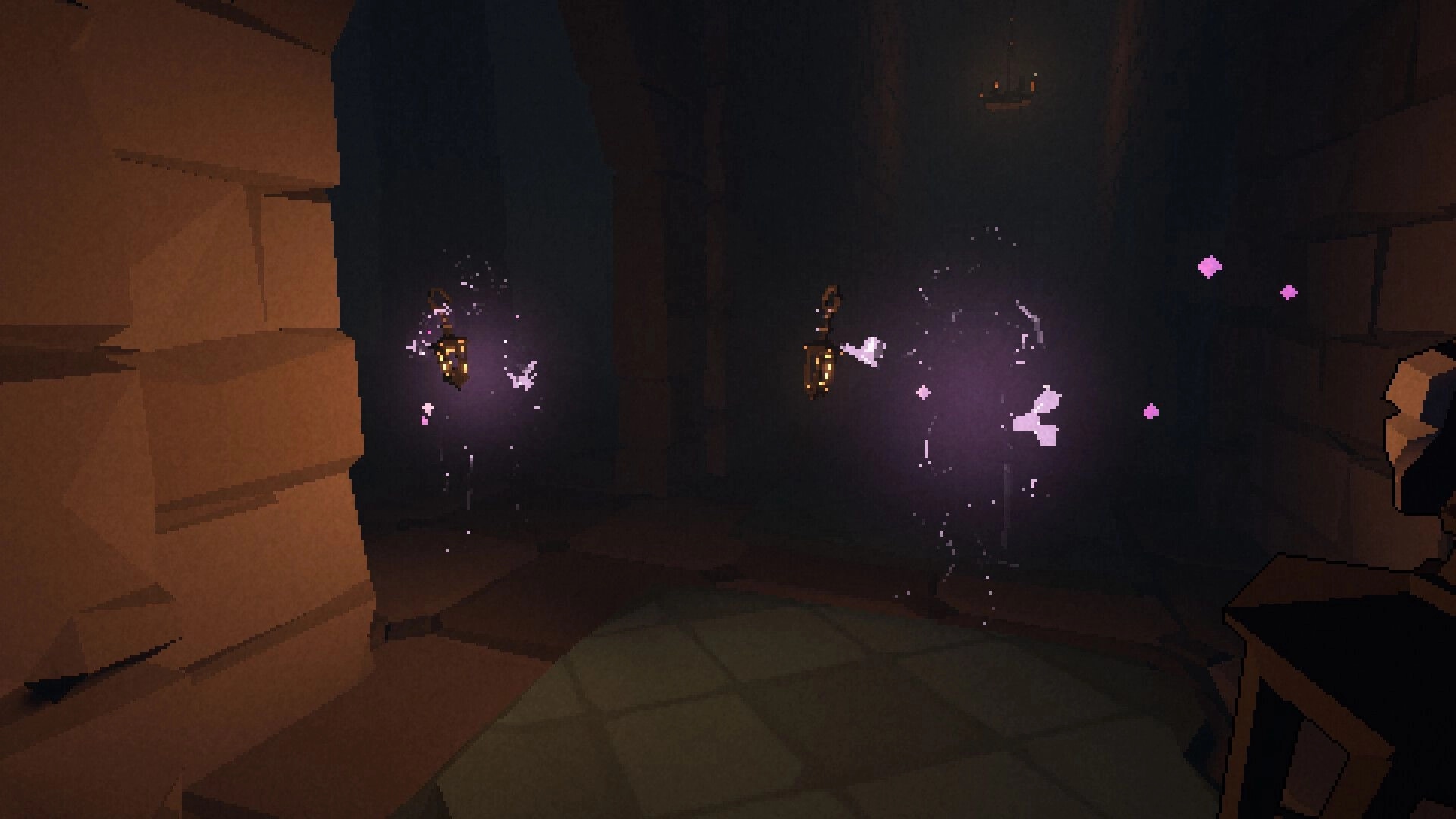 Jester: Glowing runes and floating lanterns in a dimly lit castle corridor with mysterious shadows.
