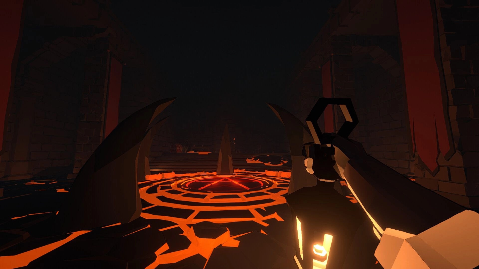 Jester: First-person view with knight holding lantern near glowing ritual circle in dark castle chamber
