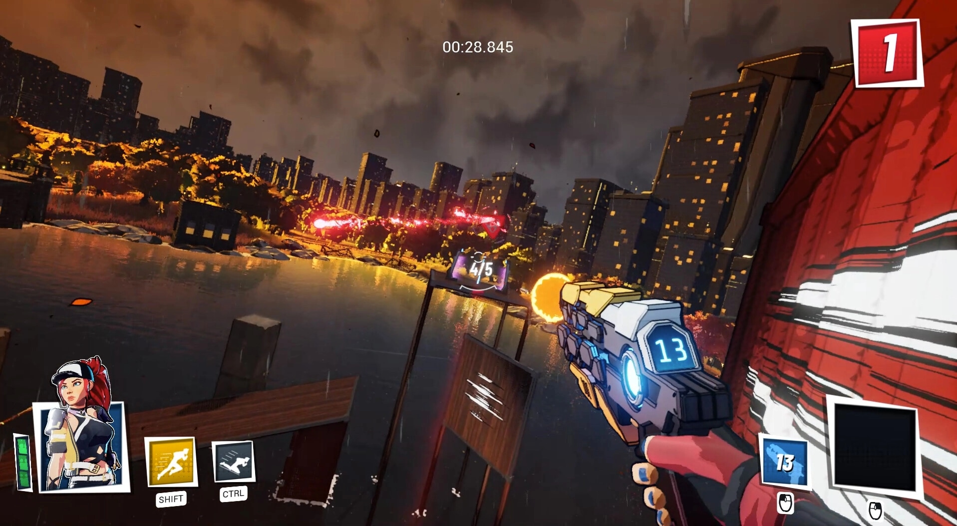 JETRUNNER: Player aiming gun at floating target in cityscape with timer and UI elements visible