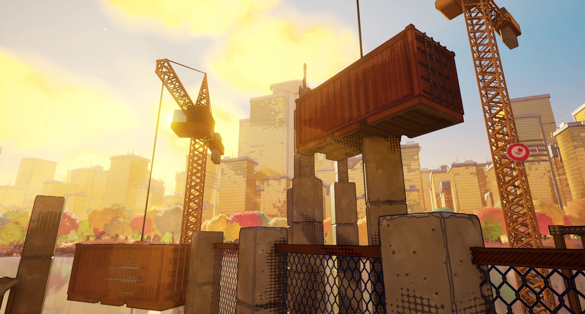 JETRUNNER: Parkour across cranes and containers in a vibrant cityscape under a bright, golden sky.