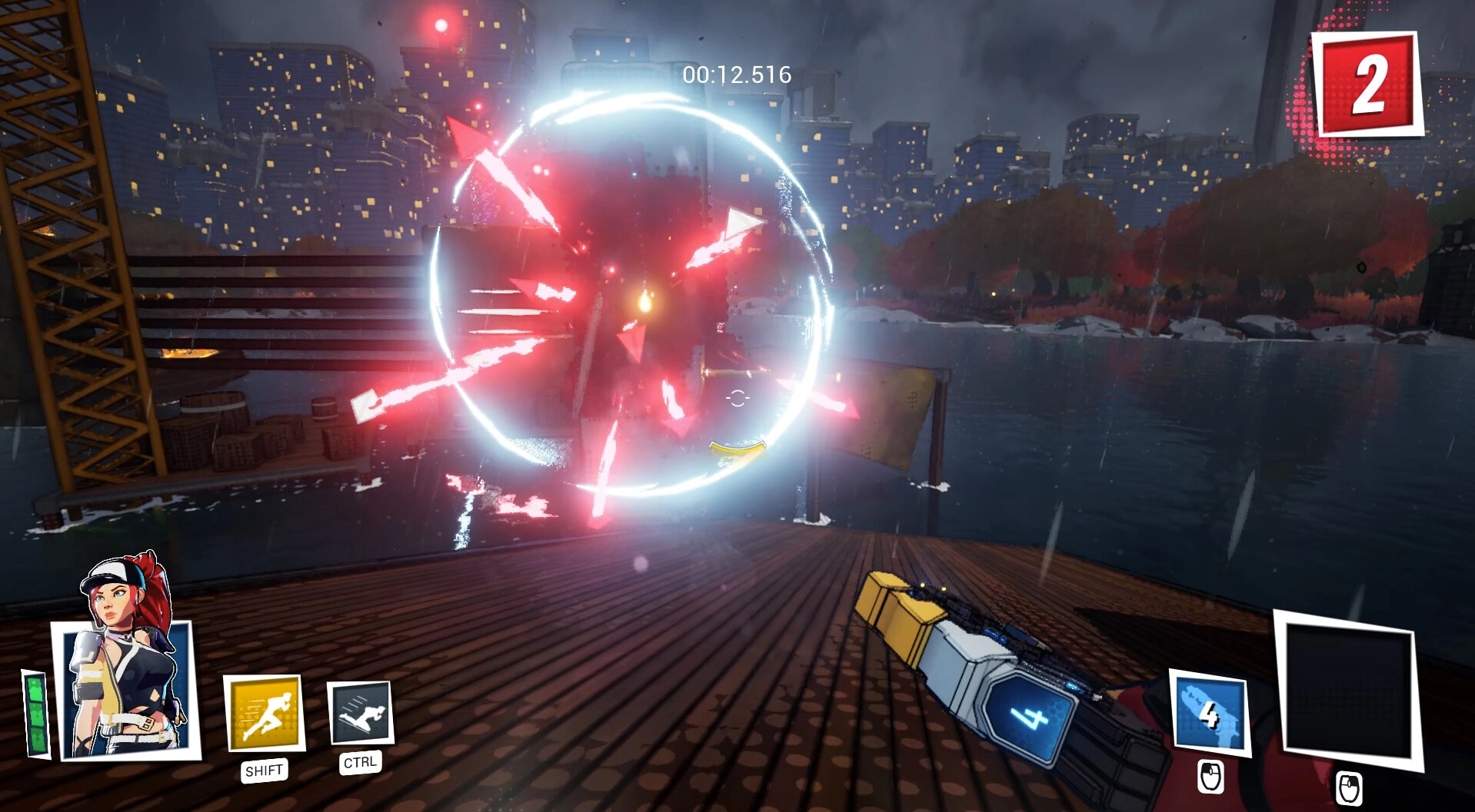 JETRUNNER: Player encounters bright energy orb on rainy dock with city skyline in background