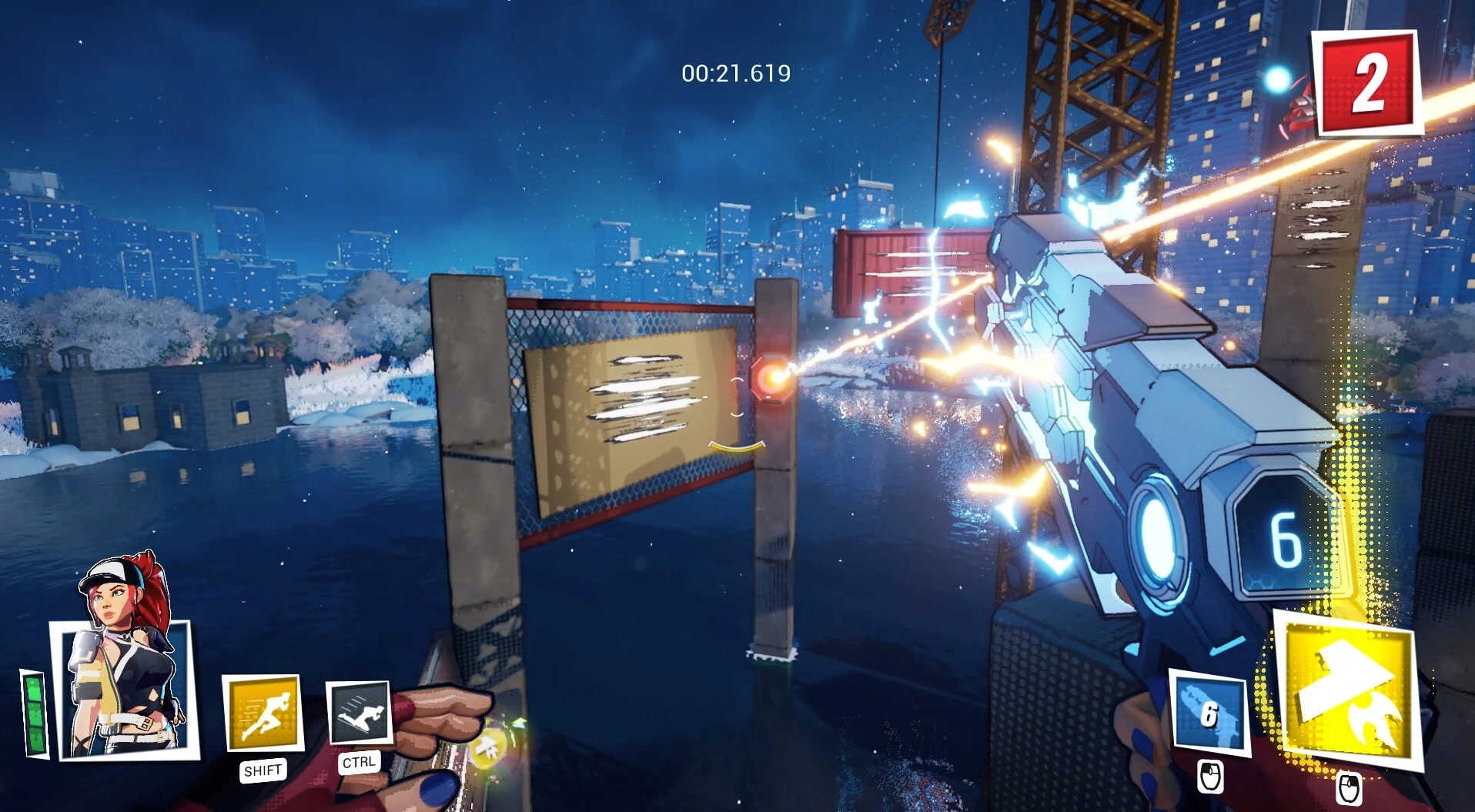 JETRUNNER: Player aiming futuristic gun in night cityscape with UI showing character and skill icons