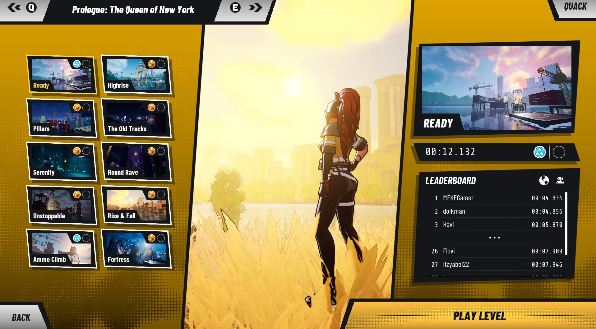 JETRUNNER: Level selection menu with leaderboard and character standing in a sunlit field.