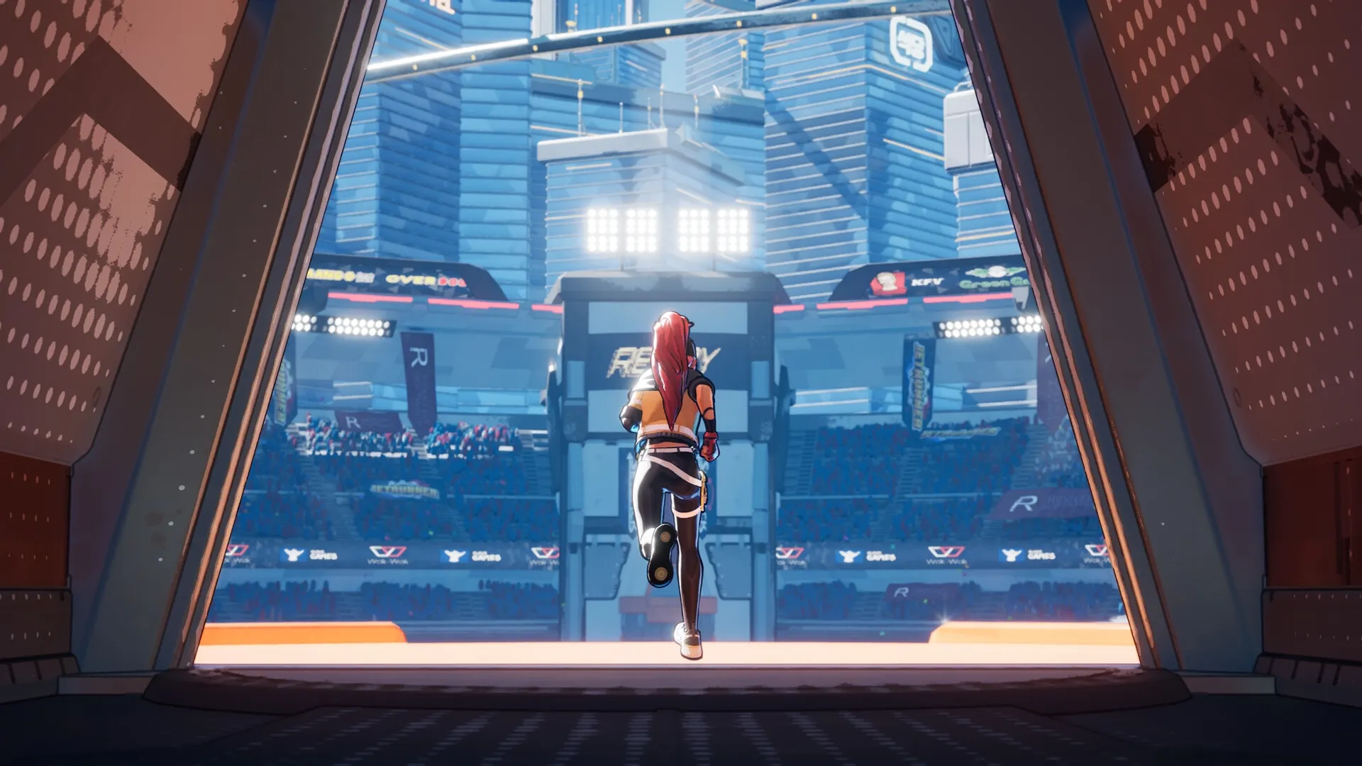 JETRUNNER: Player character sprinting towards a futuristic cityscape in a vibrant, open arena setting.