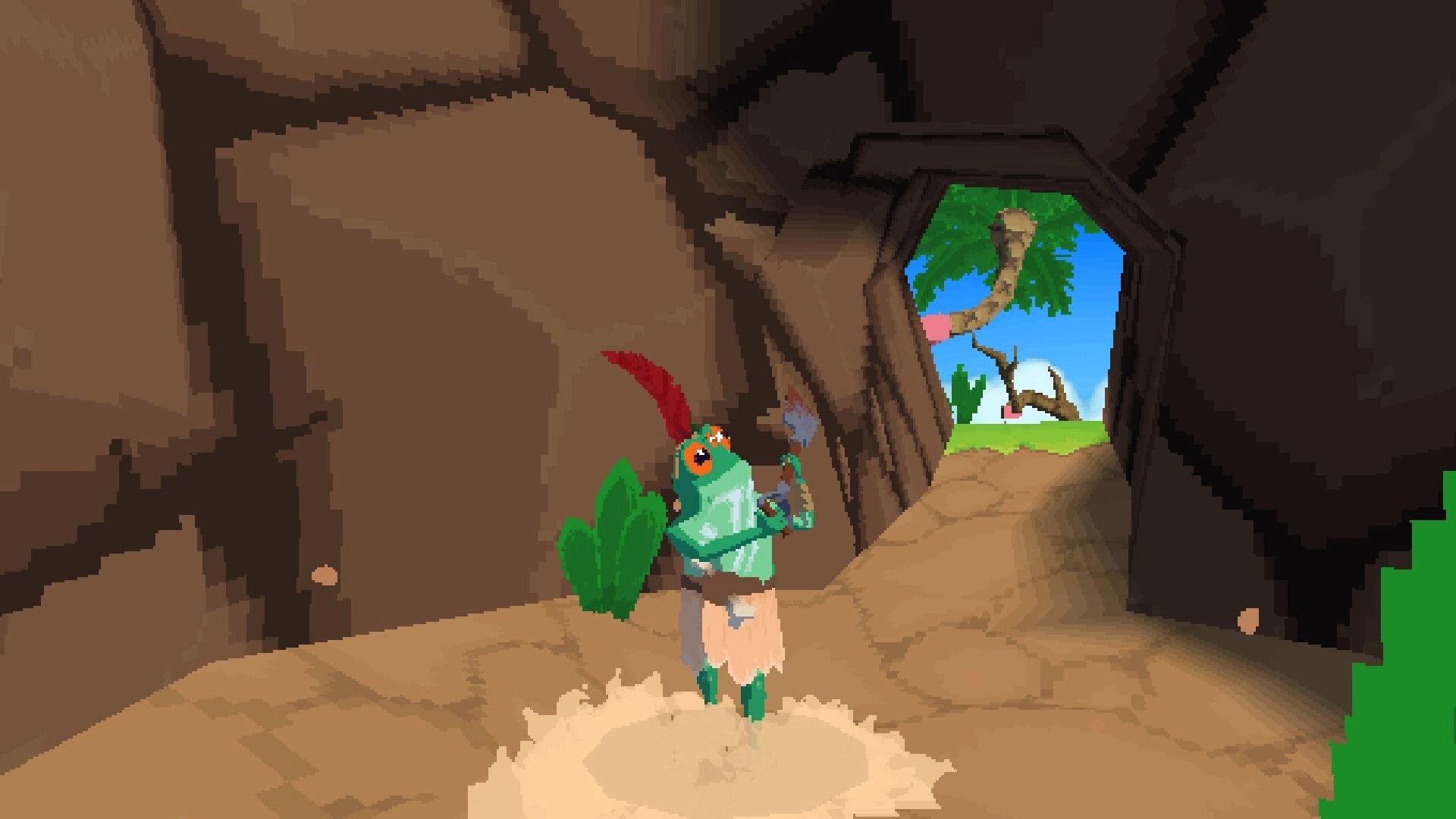 Jigrift: Three-eyed frog villager in a rocky tunnel, holding spear, with sunny beach exit ahead.