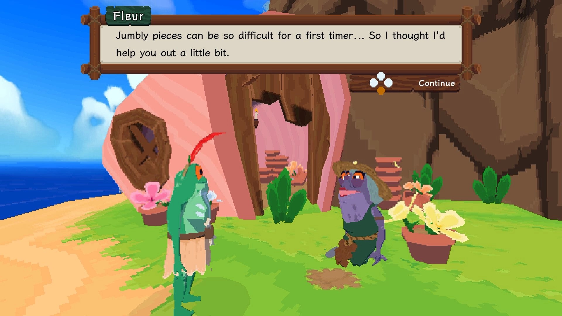 Jigrift: Dialogue with Fleur as two frog villagers talk outside a hut, Continue prompt visible.
