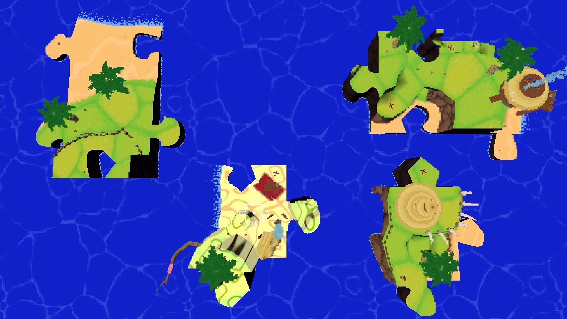 Jigrift: Top-down island jigsaw pieces floating in blue ocean, with trees, sand, and ruins.
