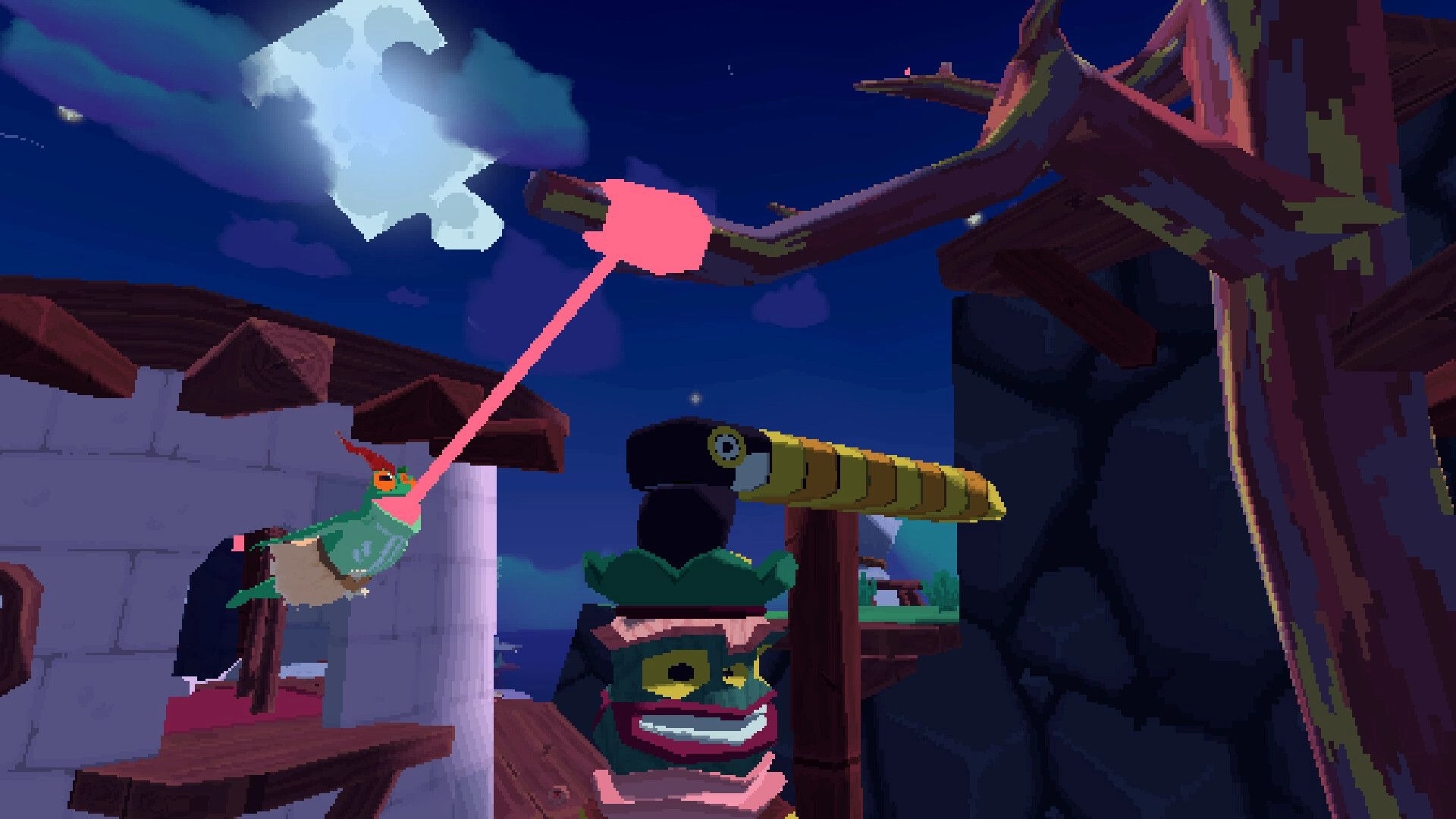 Jigrift: Frog-like character uses a pink grappling line to a tree branch under moonlit sky ruins.