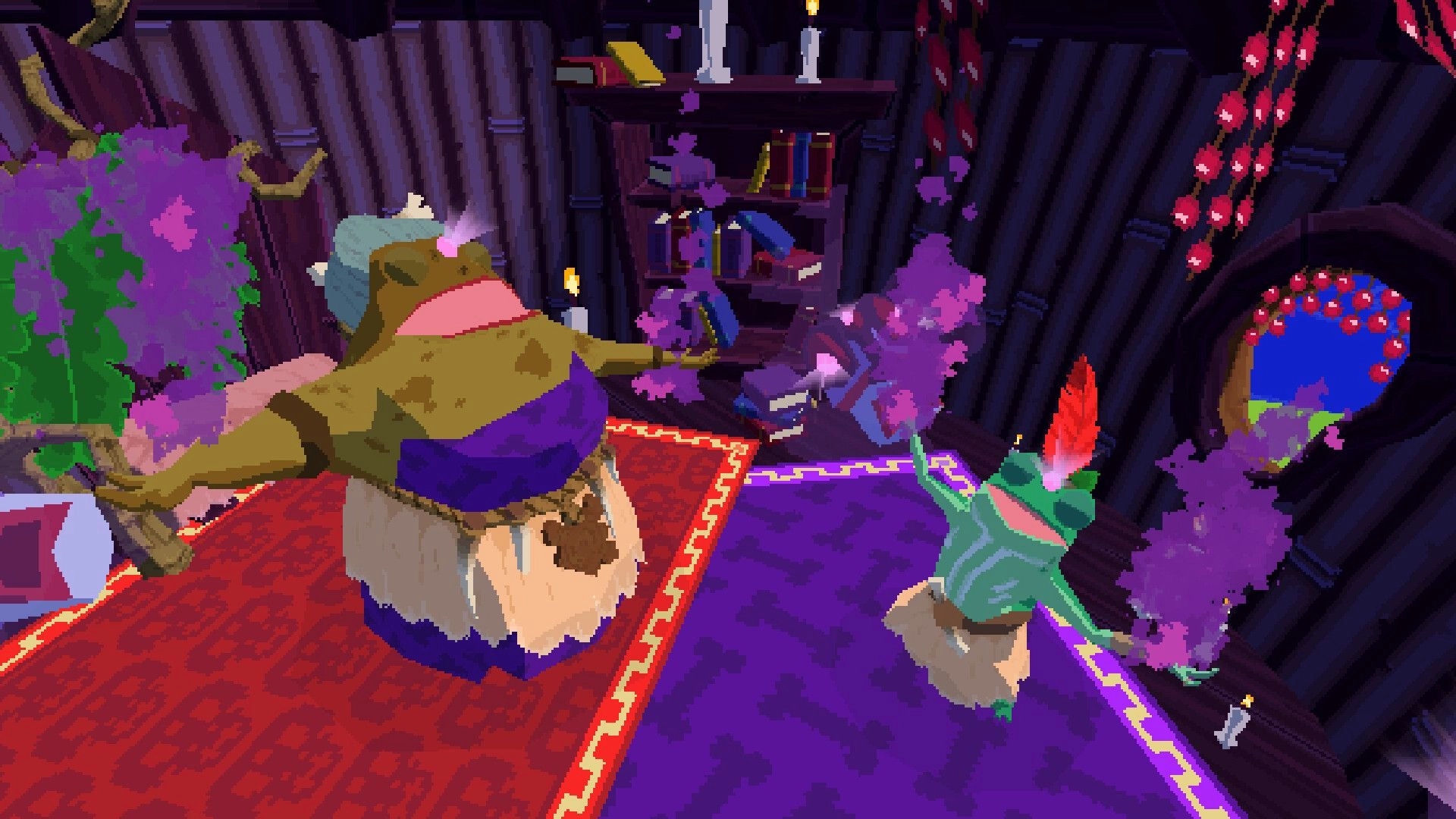 Jigrift: Two giant frogs in a purple hut near bookshelves, candles, and a flowered doorway.