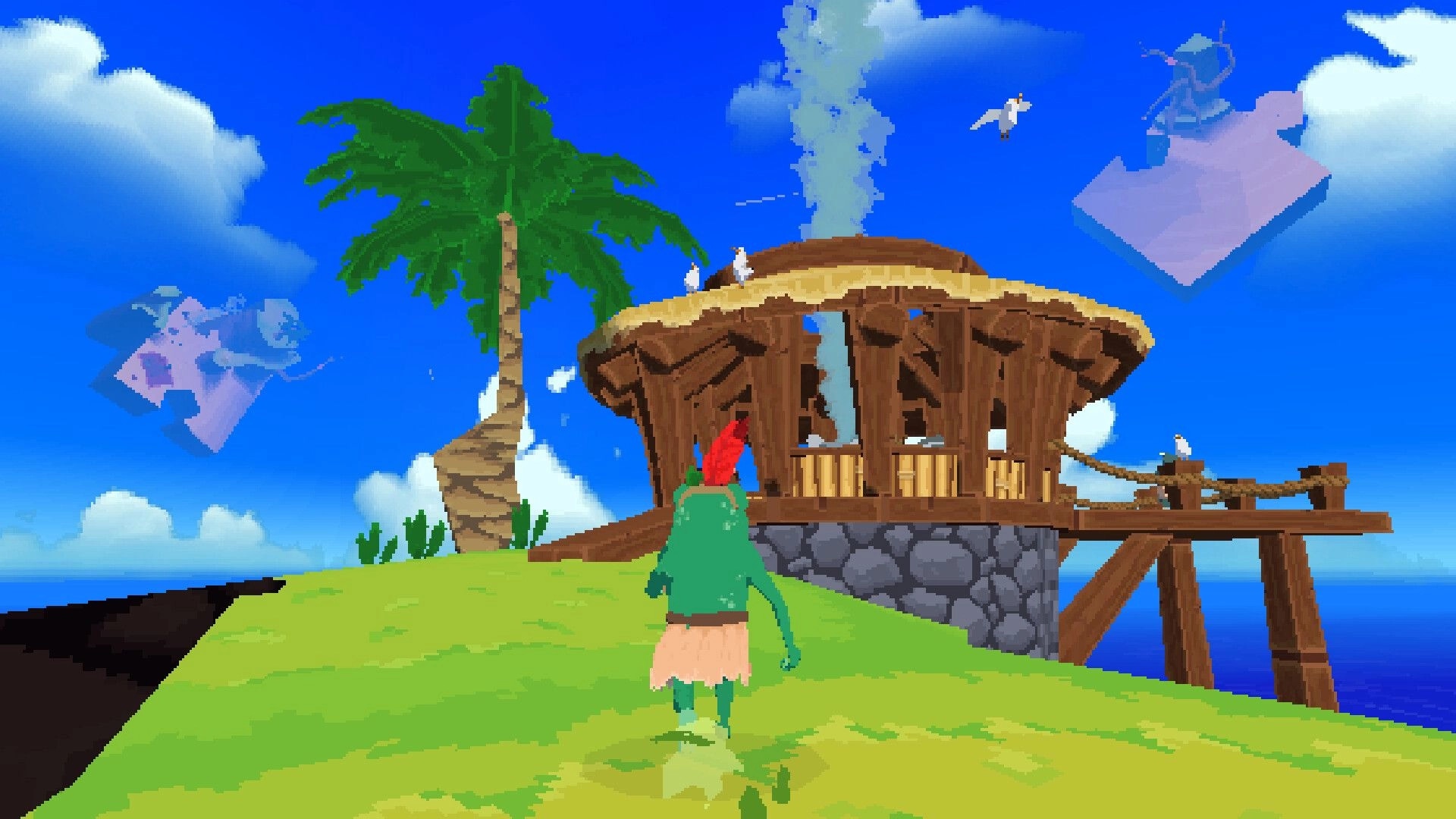 Jigrift: Frog villager walks toward a wooden hut by the sea, with palm tree and floating tiles above.