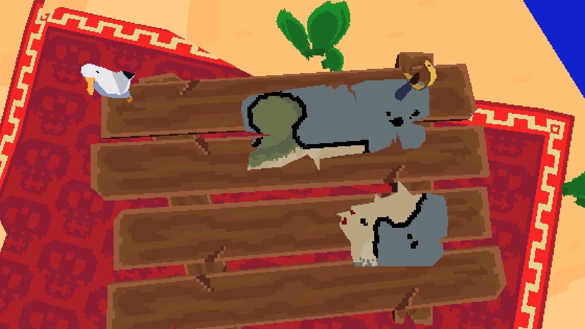 Jigrift: Two jigsaw animal pieces on wooden planks over a red rug, with a seagull nearby.
