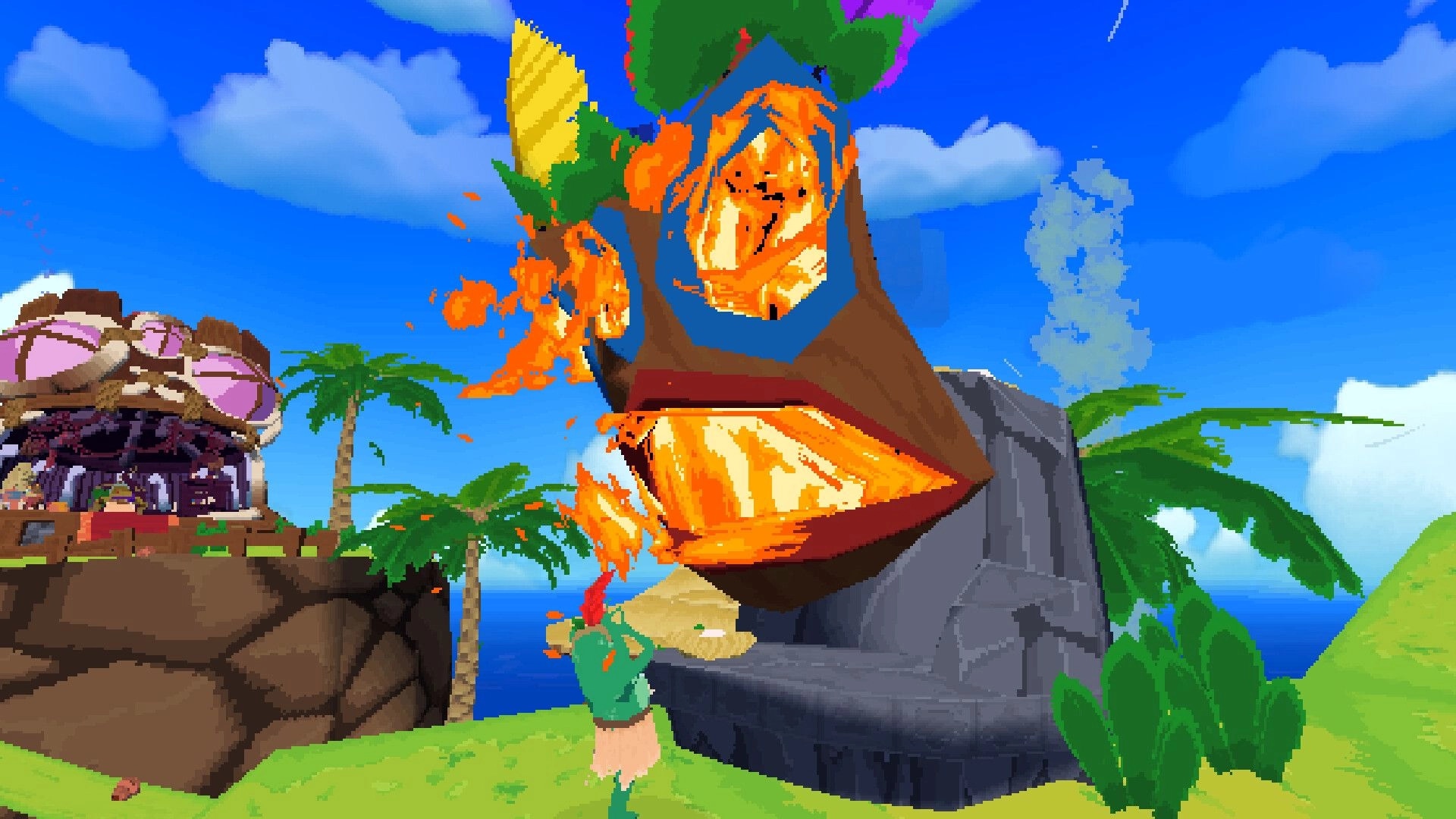Jigrift: Player character faces a flaming tiki totem on a tropical cliff with palms and ocean view.