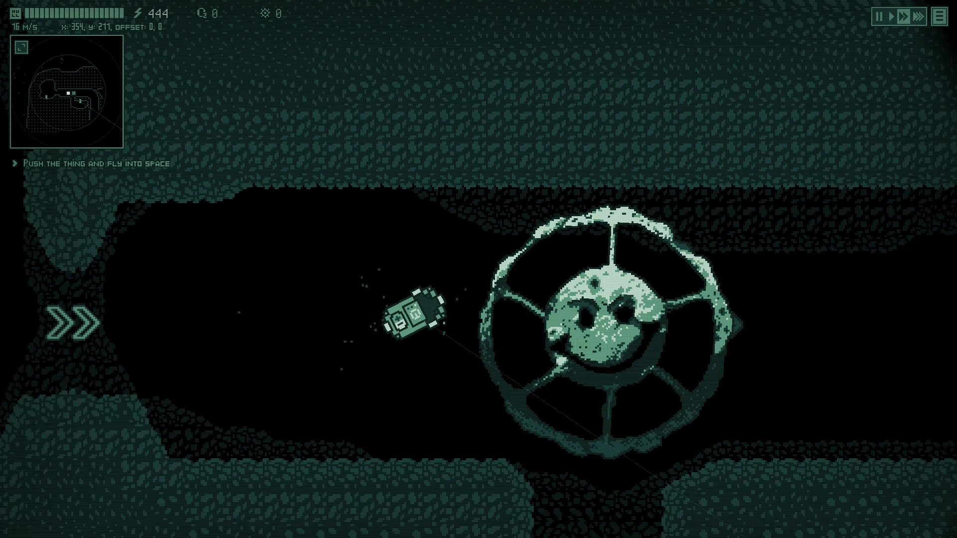 Jitter: Spaceship navigates a dark asteroid tunnel with UI showing map and speed indicators