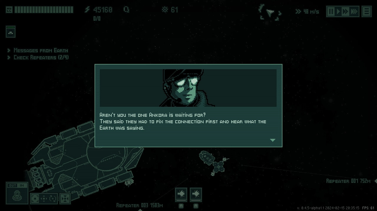 Jitter: Dialogue window with character speaking about Ankora, spaceship status, tasks visible on screen.