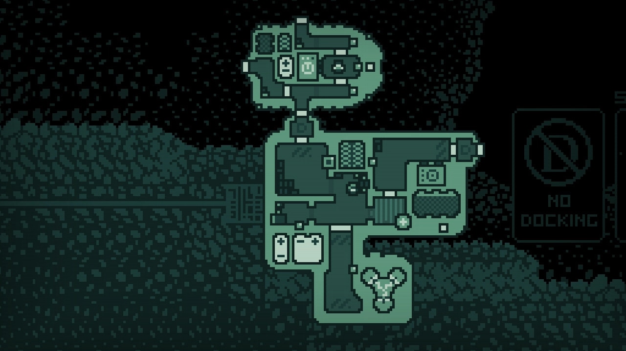 Jitter: Overhead map view of mining colony with restricted docking area in asteroid environment