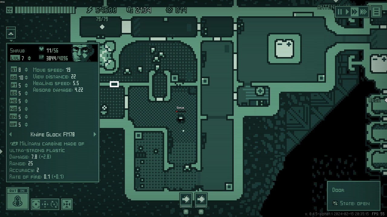 Jitter: Character Shrub navigating map with stats and inventory menu in a sci-fi mining facility.