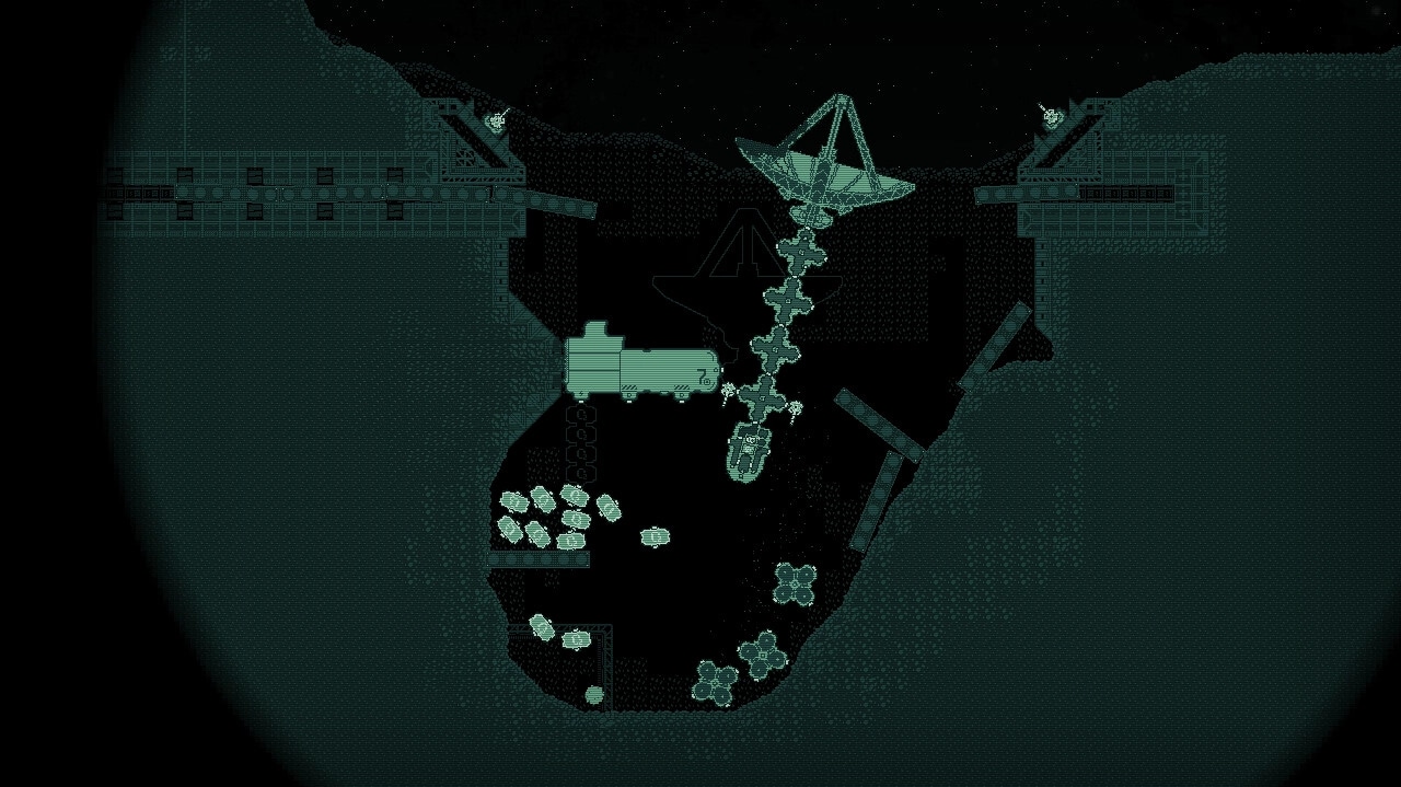 Jitter: Mining colony landscape with large satellite dish and scattered machinery in a dark cavern.