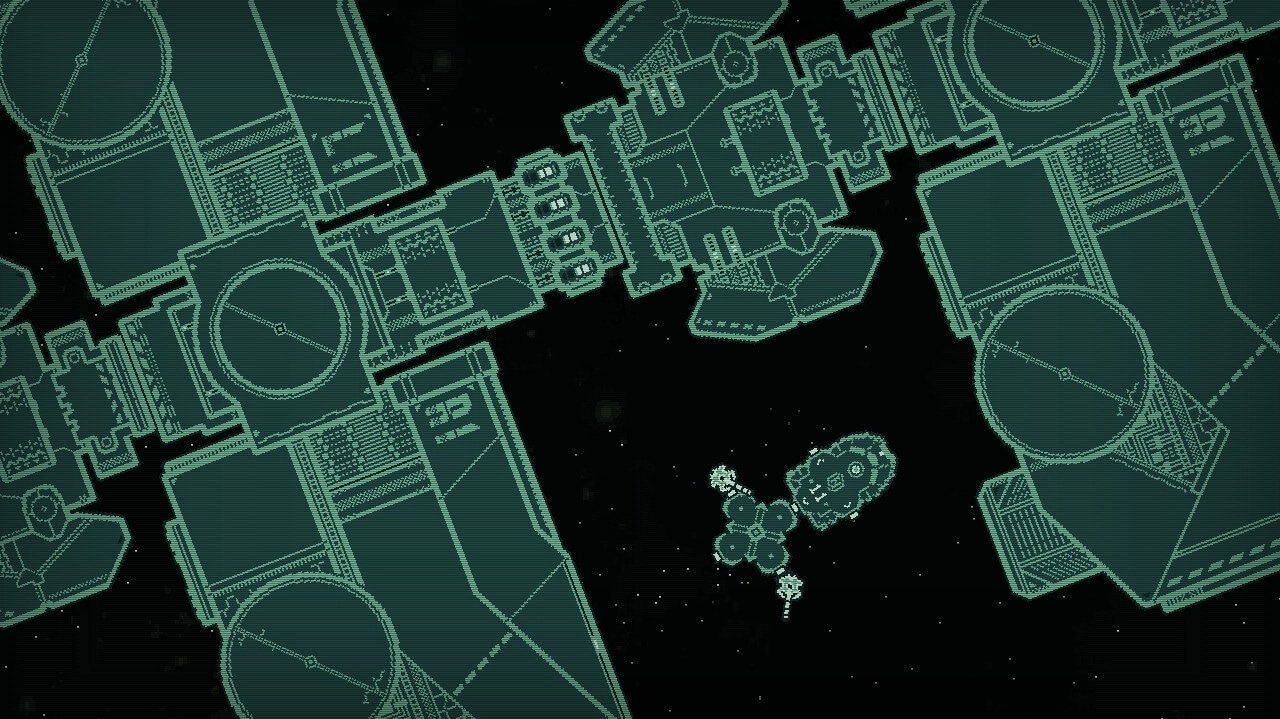 Jitter: Top-down view of space station schematics with detailed layout in deep space environment