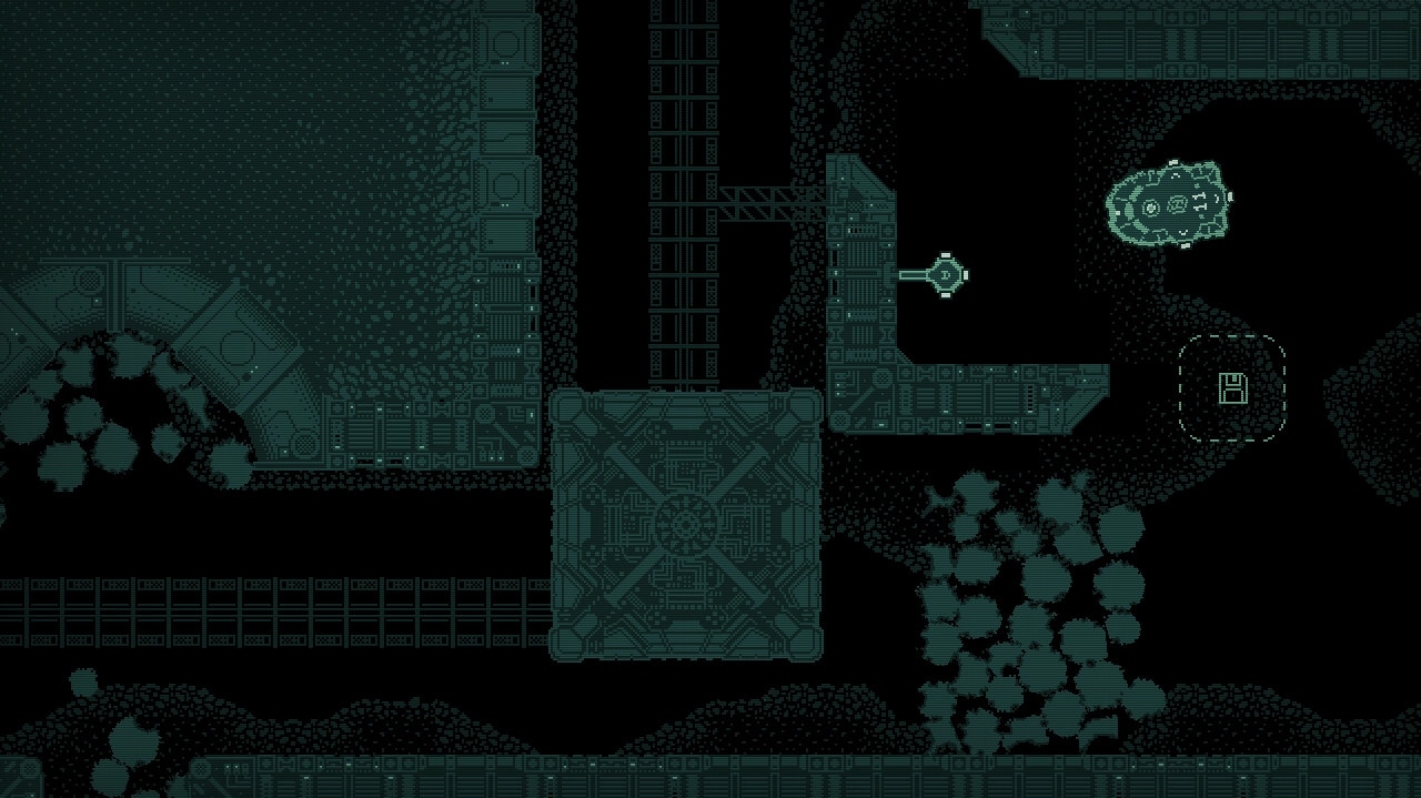 Jitter: Overhead view of spaceship navigating through narrow asteroid tunnels with metallic structures