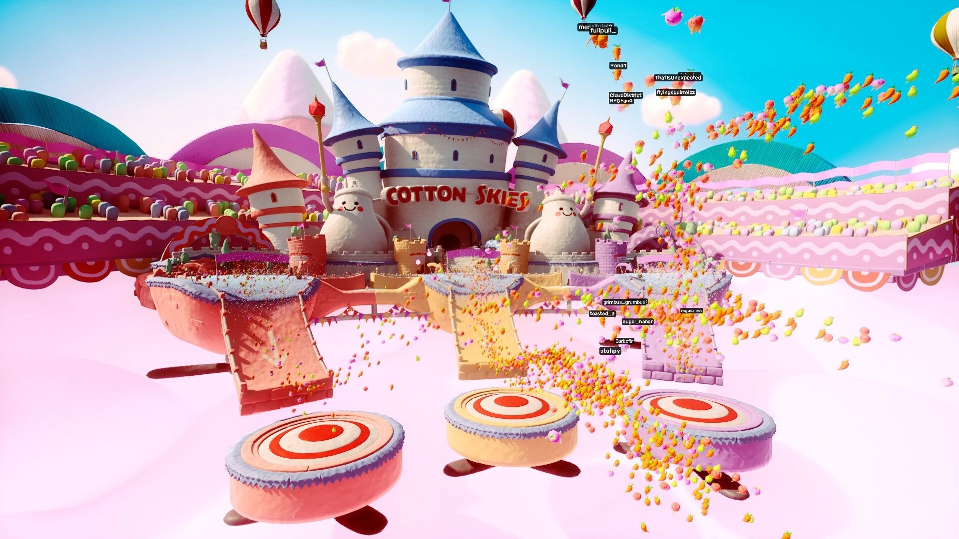 Jitter Games: Swarm of players as colorful candies rush towards the whimsical Cotton Skies castle.