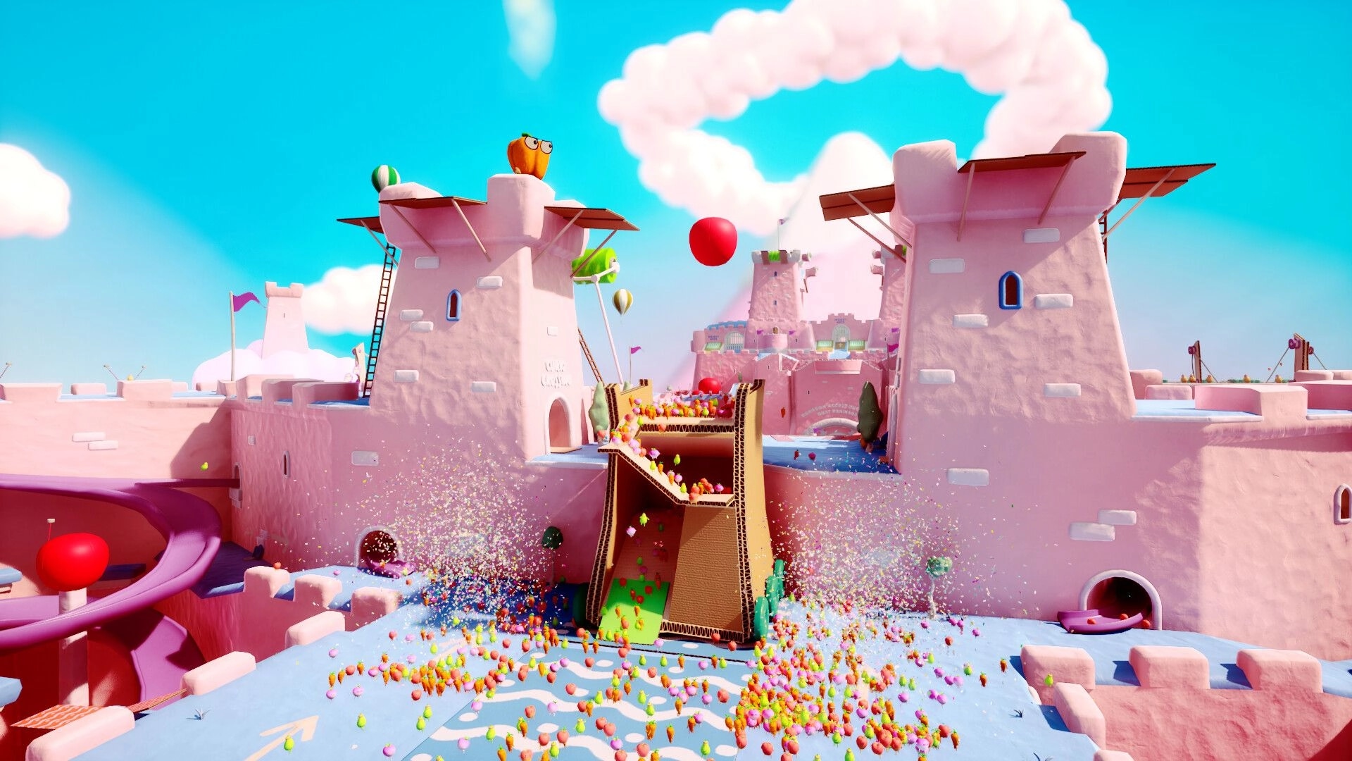 Jitter Games: Colorful obstacle course set in a whimsical pink castle with balloons and confetti