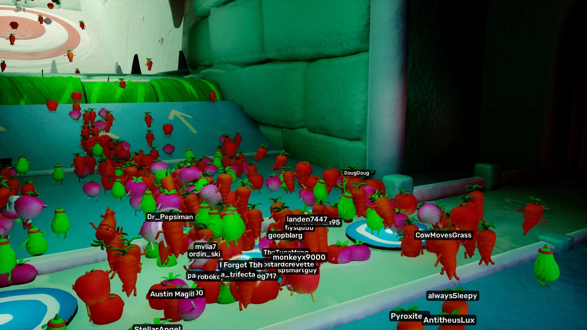 Jitter Games: Crowd of vegetable characters with usernames in a colorful, whimsical corridor setting