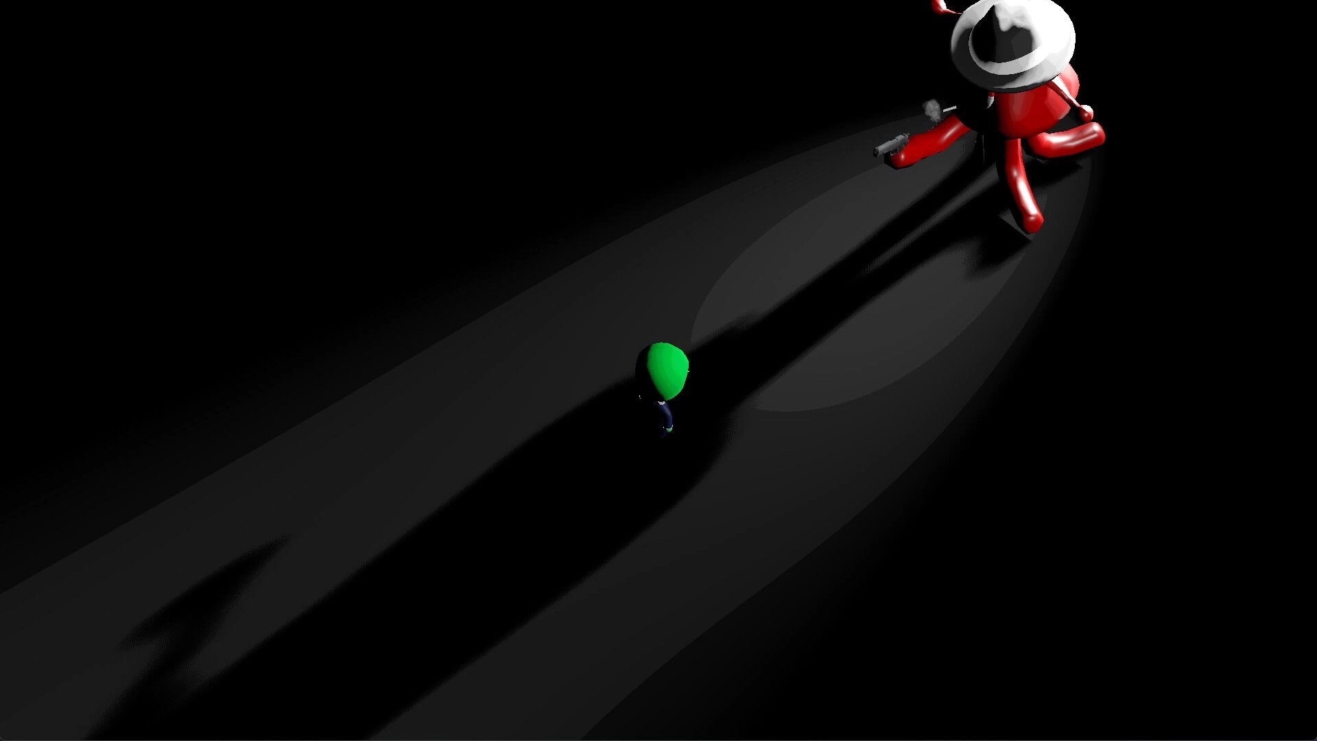 JOHN GLEEP: Green alien runs down dark road as giant red cowboy aims a pistol under spotlight.