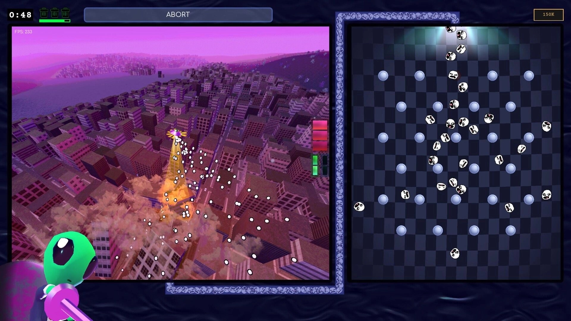 JOHN GLEEP: Alien fires downward bullet spread over city blocks beside a grid-based mini-game panel.