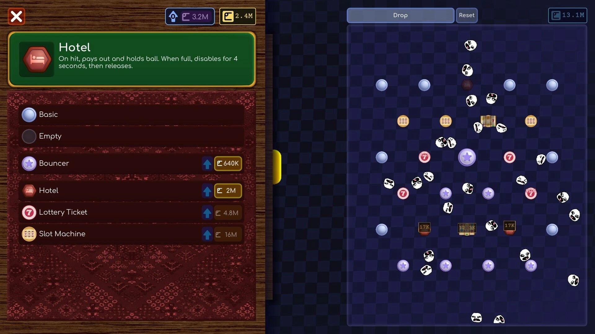 JOHN GLEEP: Hotel upgrade menu beside a pegboard drop grid with bouncing balls and icons.