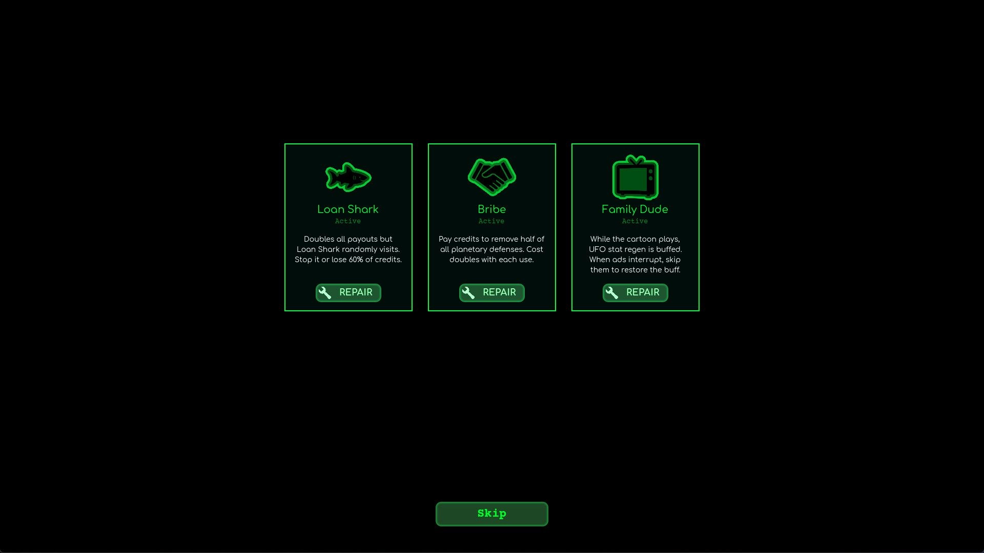 JOHN GLEEP: Upgrade selection menu with Loan Shark, Bribe, Family Dude cards and Repair buttons.