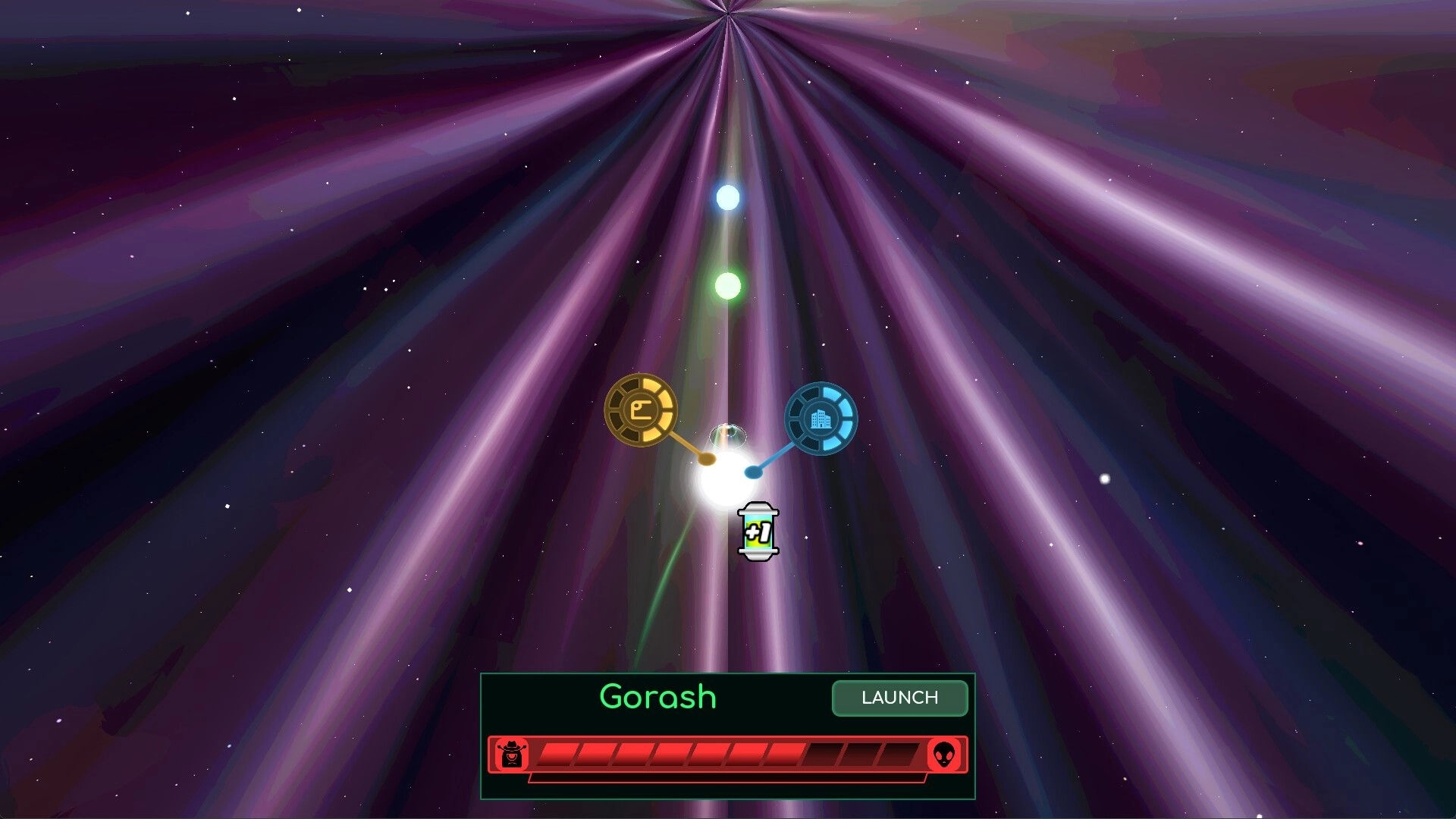 JOHN GLEEP: Star map warp tunnel with Gorash selected, Launch button and route node icons visible.