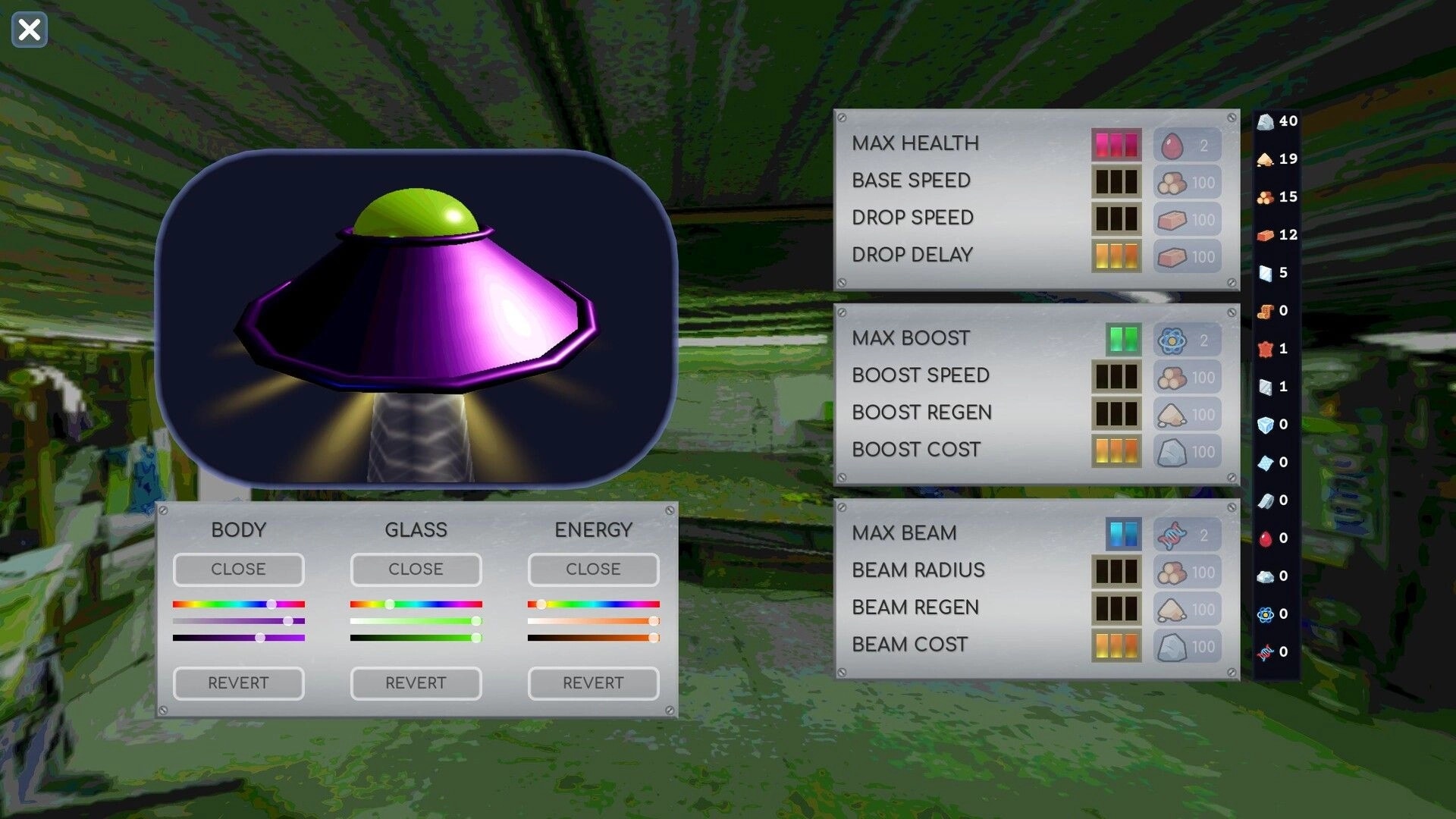 JOHN GLEEP: UFO customization menu with stat upgrades and color sliders over a green alien base.