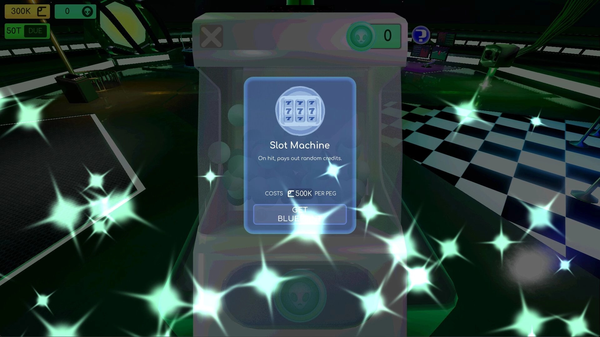JOHN GLEEP: Slot Machine purchase popup over glowing casino floor, HUD shows 300K cash and 50T due.