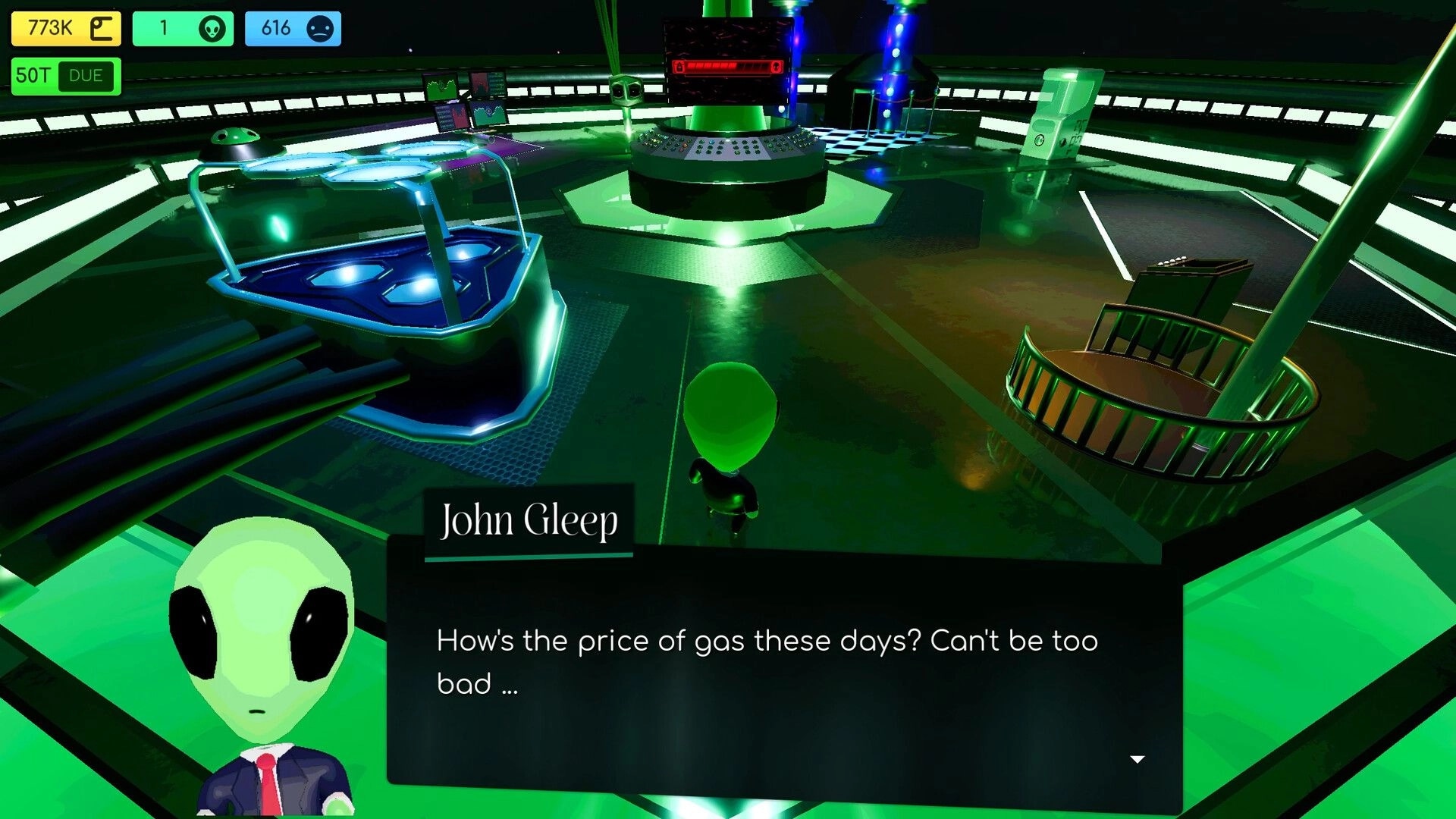 JOHN GLEEP: Dialogue box with alien portrait in neon spaceship control room, HUD counters at top.