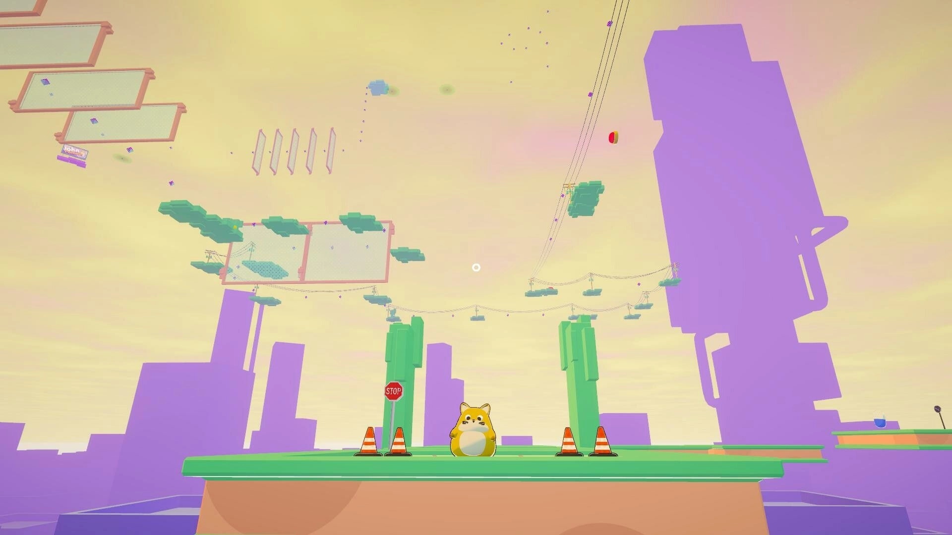 John Parkour: Cat stands between cones on floating platform in pastel sky environment