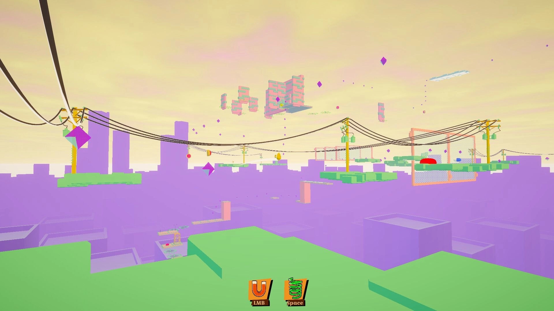 John Parkour: Vibrant floating platforms and power lines in a surreal, pastel-colored cityscape.