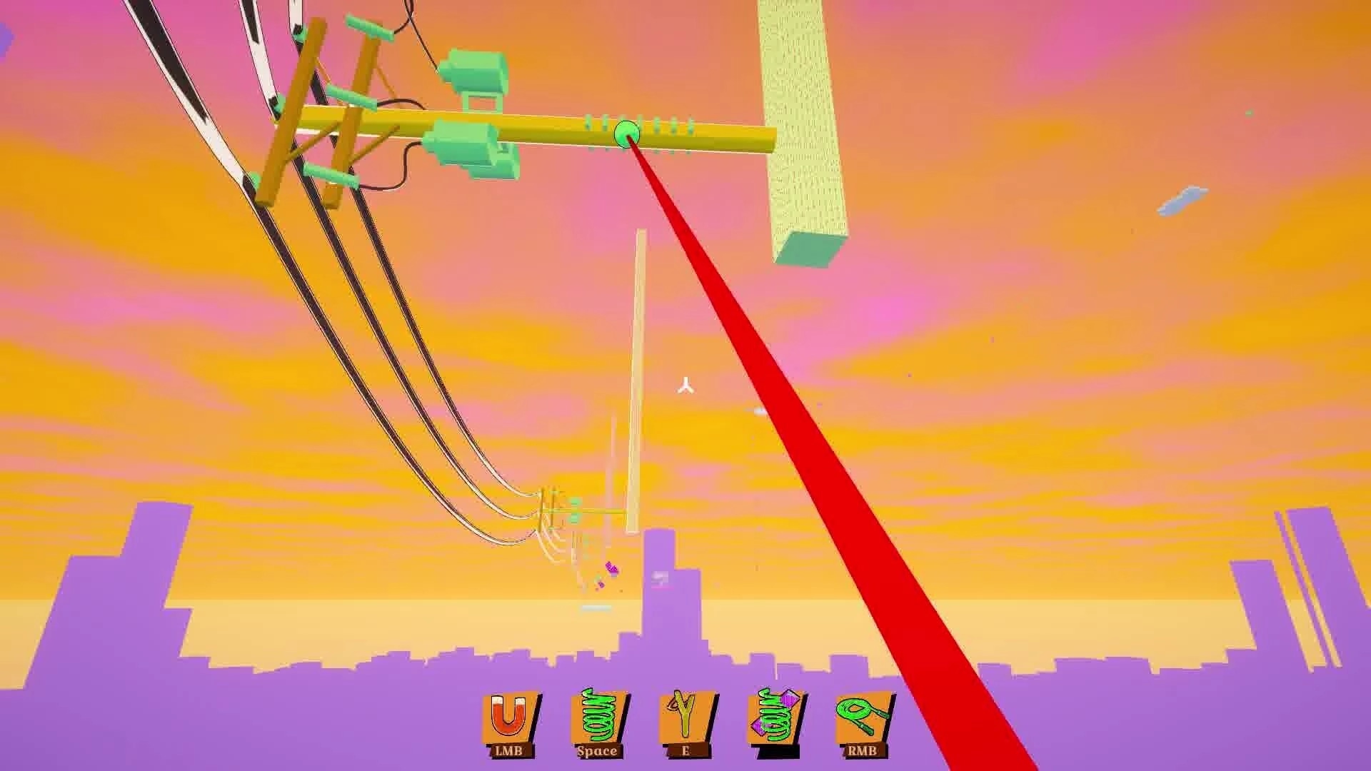 John Parkour: Grappling to floating platforms in a vibrant sunset cityscape with UI abilities shown.