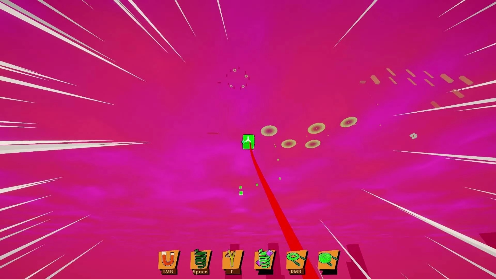 John Parkour: Player grappling through pink sky with floating platforms visible, UI showing controls below
