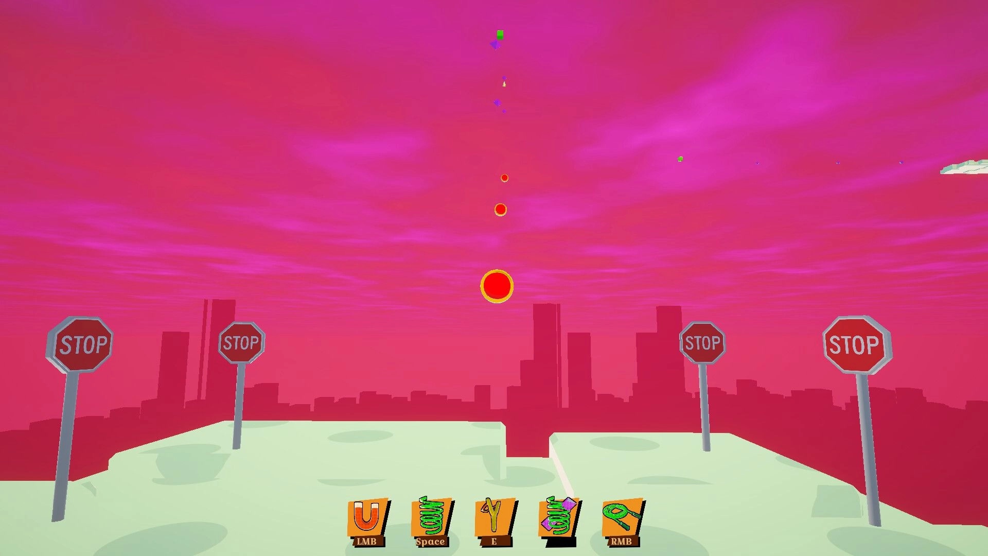 John Parkour: Floating platforms with stop signs and ability icons in a vibrant pink sky environment