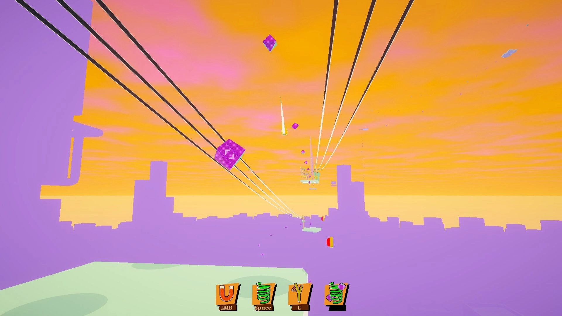 John Parkour: Navigating floating platforms and cables against a vibrant sunset skyline with UI commands