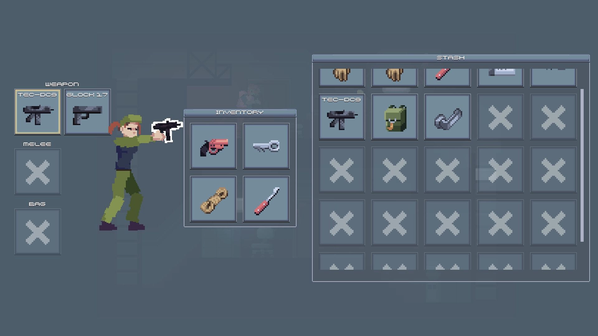 Joint Recall: Character aiming gun with inventory and stash UI displaying weapons and tools