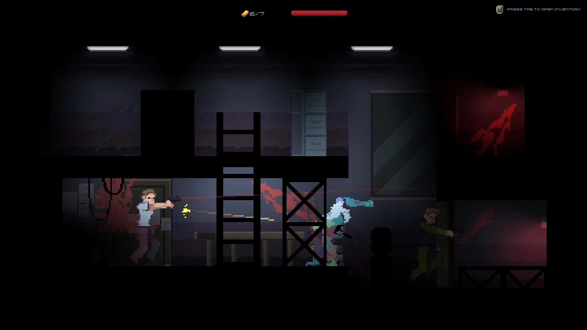 Joint Recall: Player firing at enemy in dimly lit corridor with red smears and visible inventory prompt