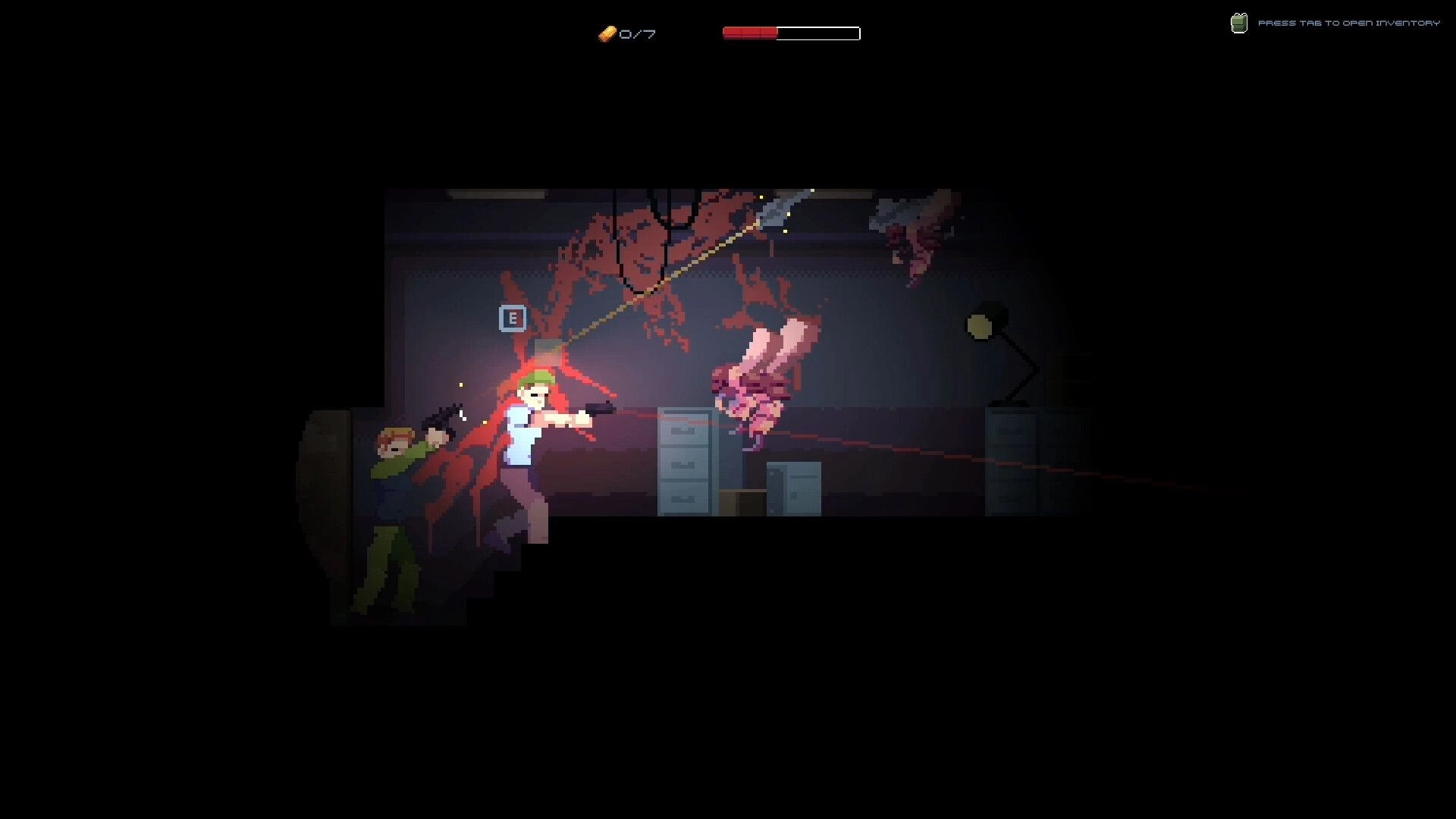 Joint Recall: Player fires at monster in dark room with red splatter, teammates in background hold position