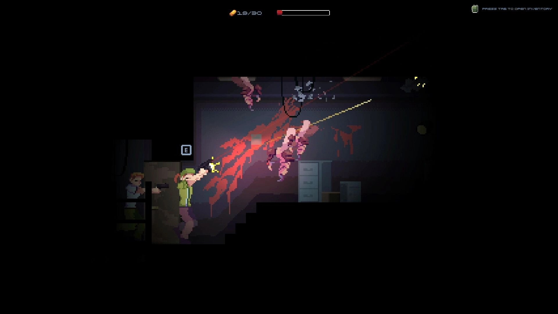 Joint Recall: Player firing at monster in dark corridor with bloodstains and inventory prompt visible.
