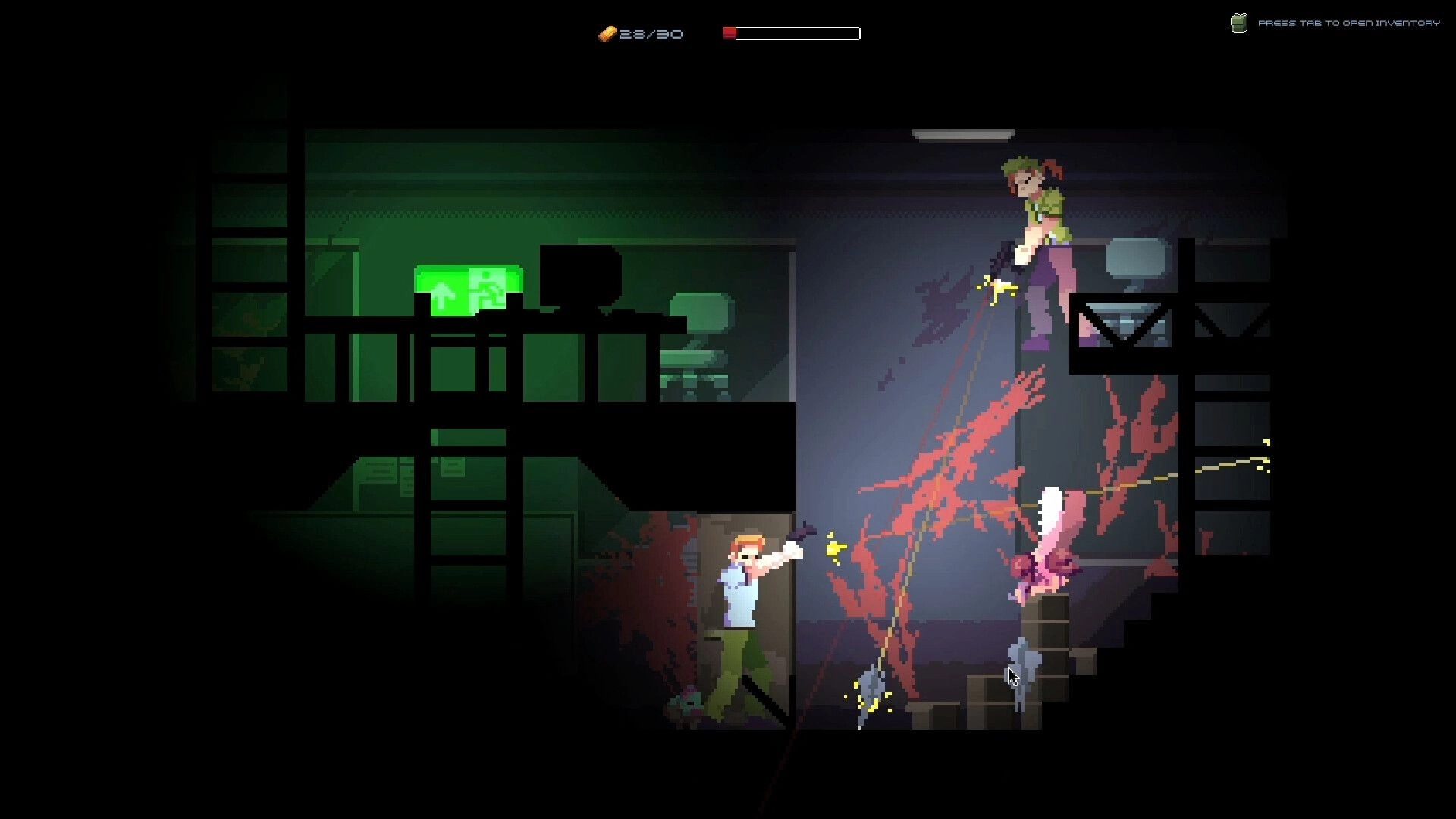 Joint Recall: Player firing at monster on stairs in dark building with exit sign and splattered walls
