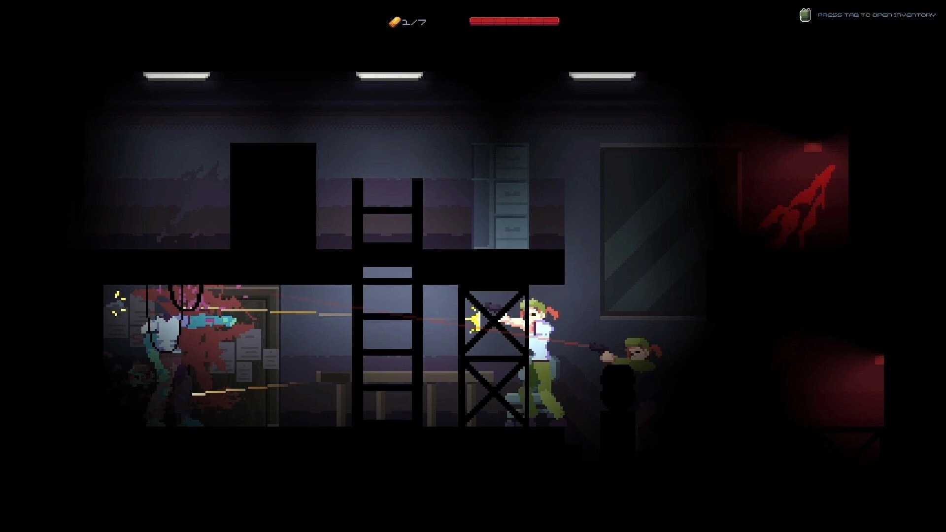 Joint Recall: Two players firing at a monster in a dark, industrial room with ladders and red lighting.