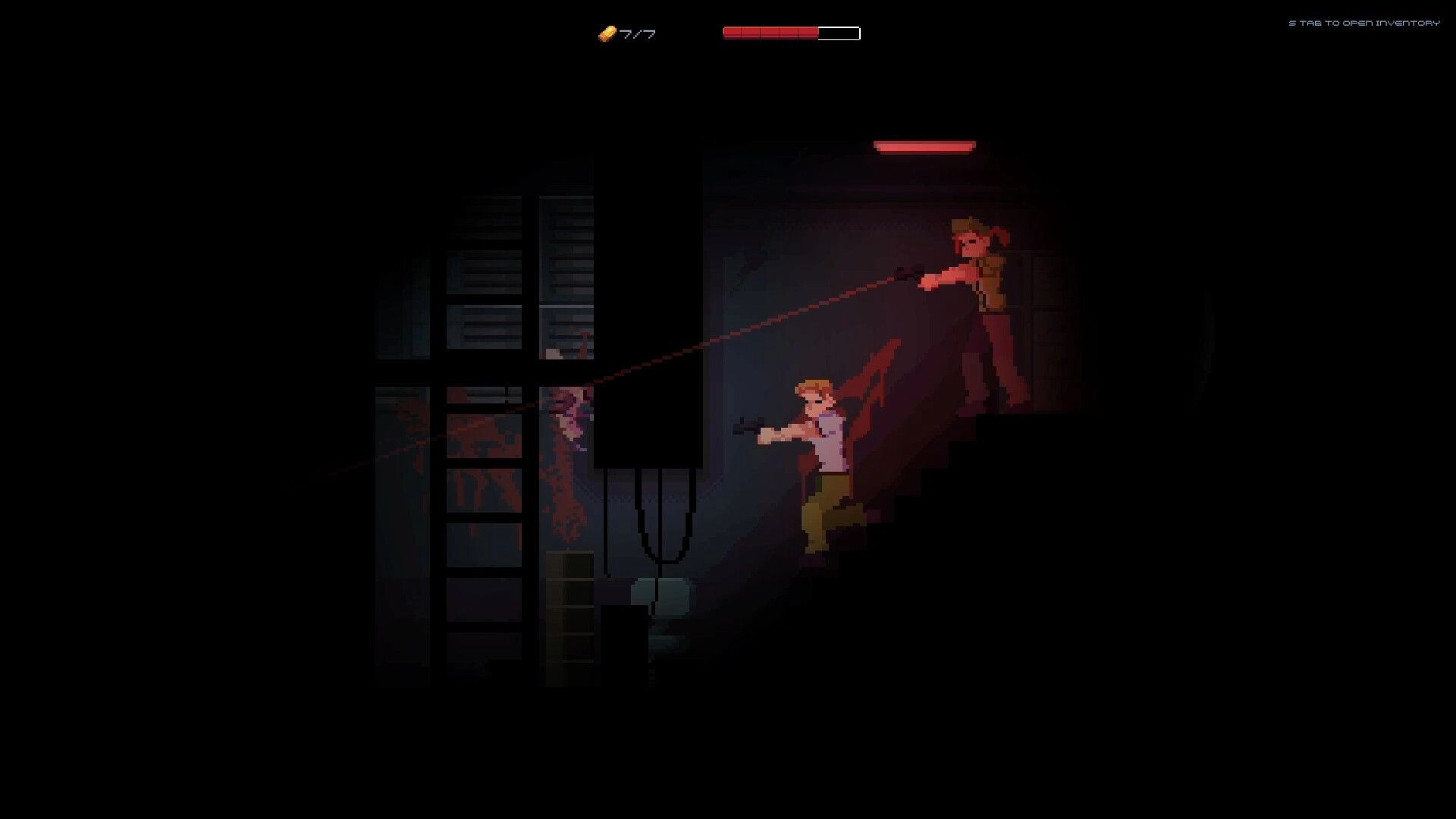 Joint Recall: Two players aiming guns at monster in dimly lit staircase, health bar at top center