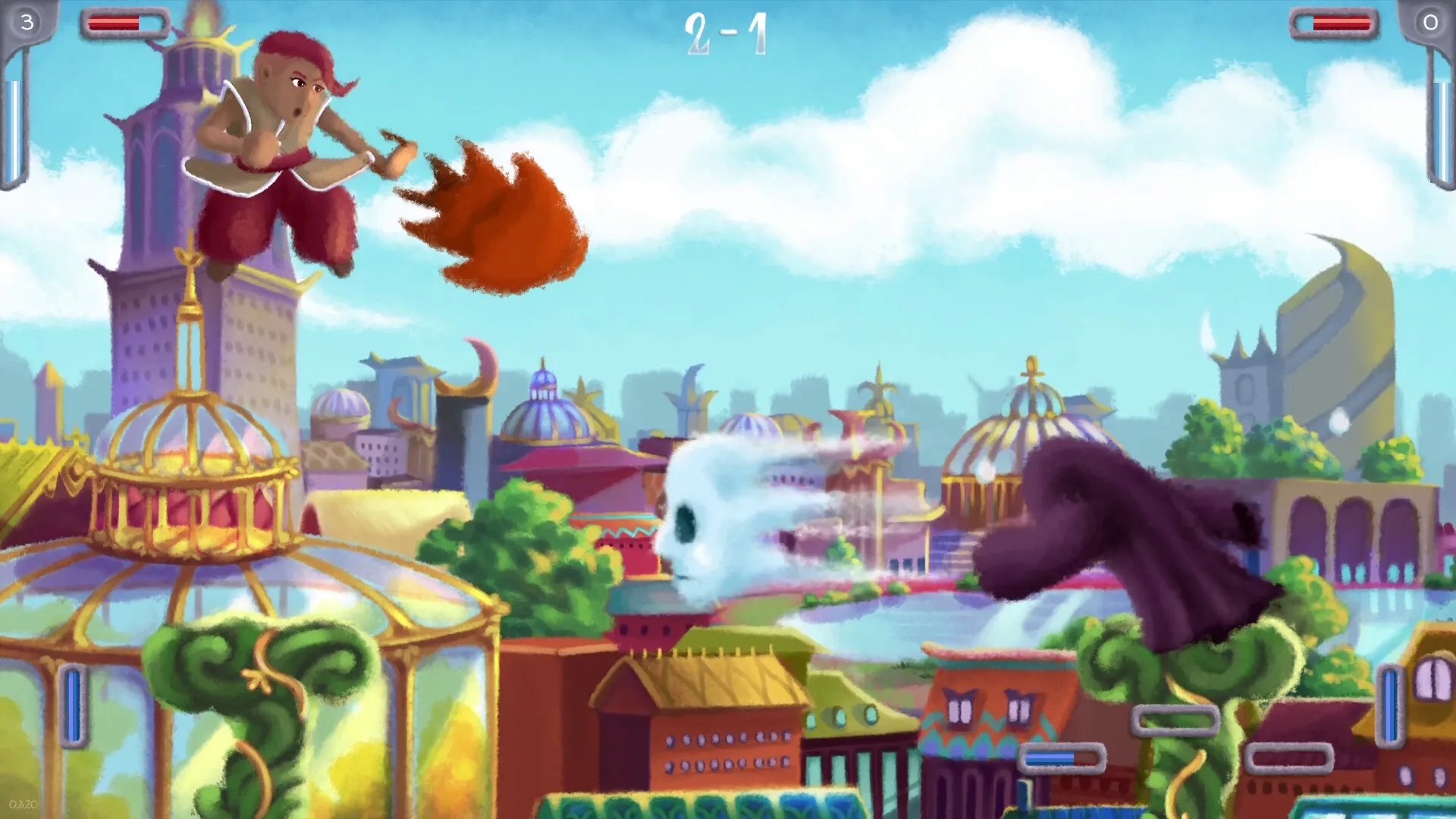Joltt: Character dodges fiery attack on vibrant city pillars with health bars and score displayed