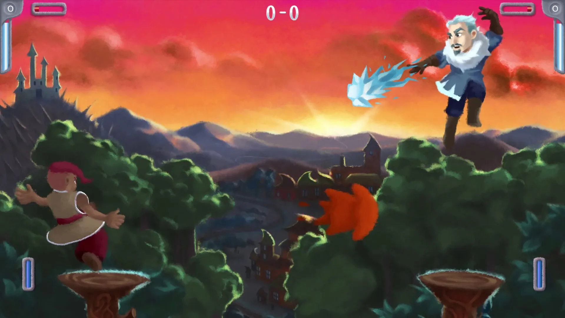 Joltt: Two challengers engage in a magical duel above forests with a castle and village at sunset.