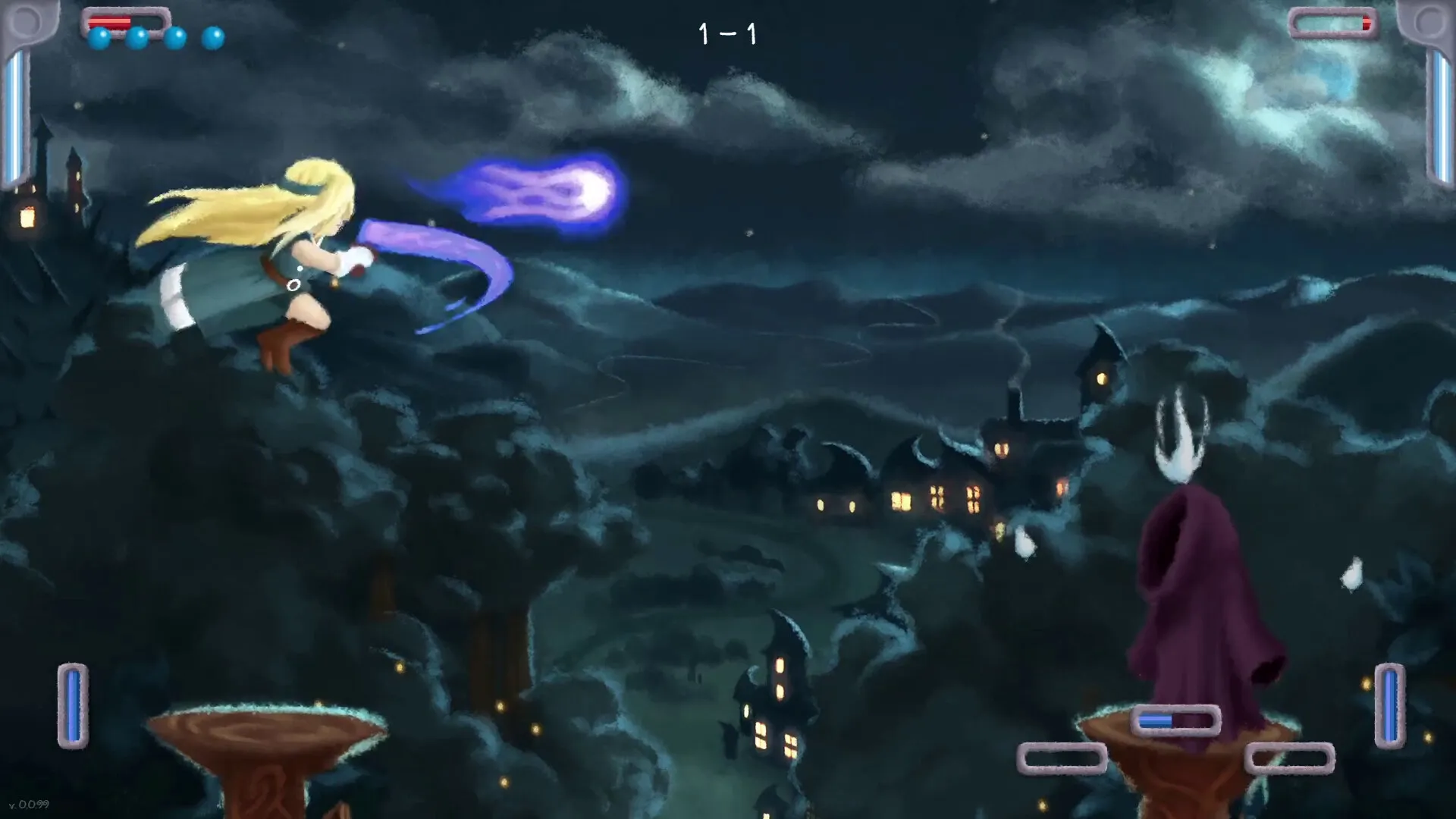 Joltt: Magic duel in moonlit sky with two challengers on pillars, casting spells above a dark village.